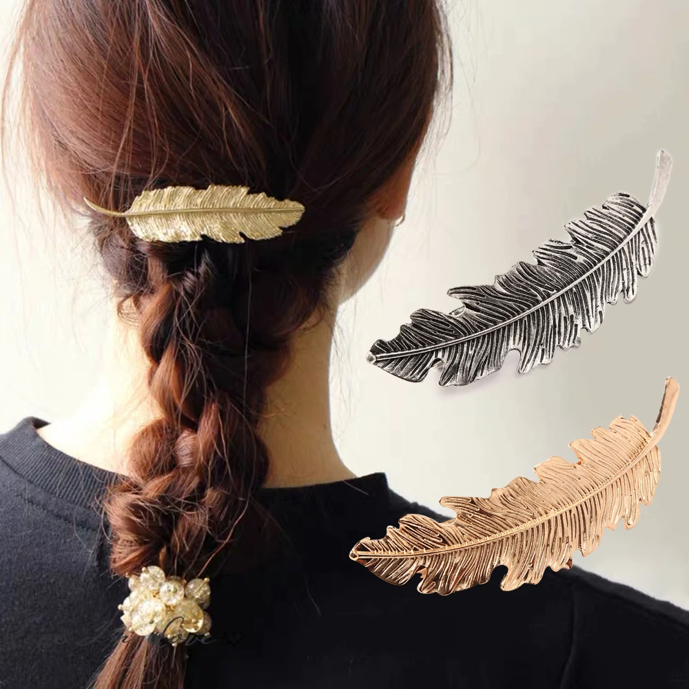 Vintage Feather Leaf Shaped Hair Clip Metal Spring Barrettes Women Girls Ponytail Holder Hairpins Party Wedding Daily Headwear