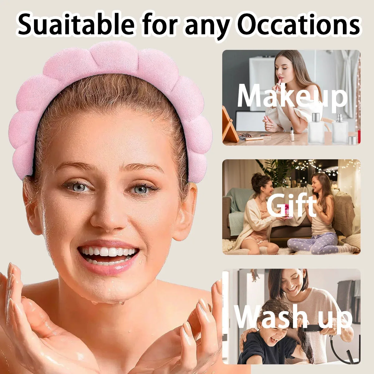 3Pcs Fashion Microfiber Washing Wristbands Scrunchies Puffy Headband Spa Bubble Headband for Washing Face Makeup Shower Skincare