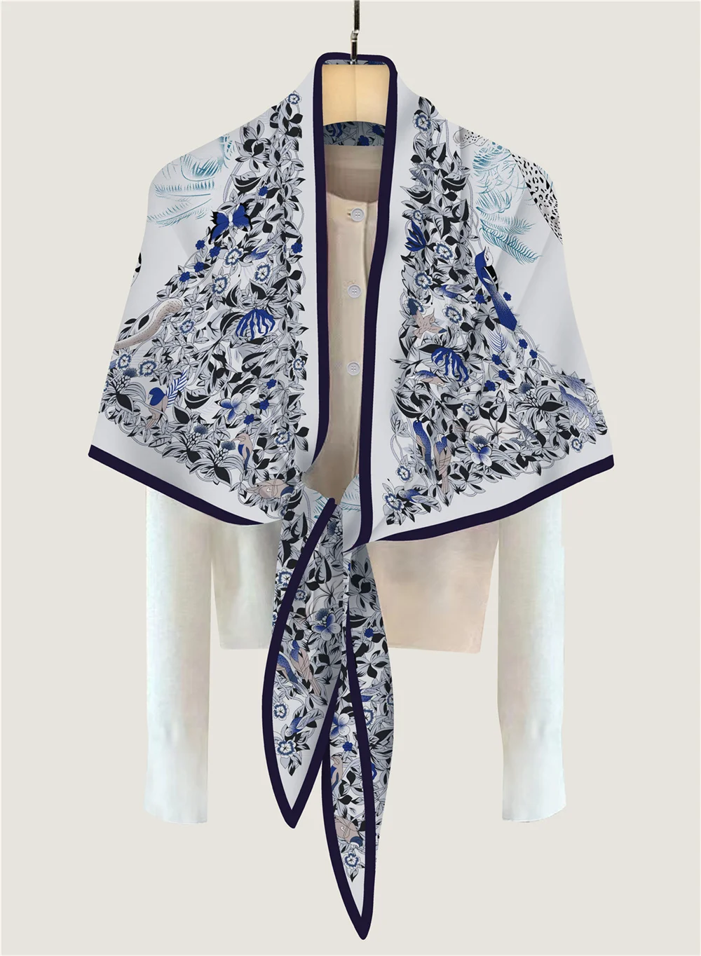 POBING 30% Silk 70% Cashmere Scarf Women Hand Rolled Fashion Print Triangle Scarves Wraps Bandana Big Hijabs Female Foulard