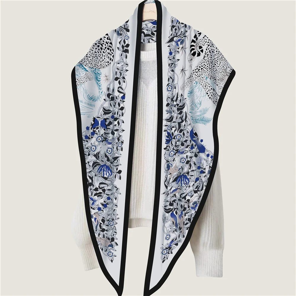 POBING 30% Silk 70% Cashmere Scarf Women Hand Rolled Fashion Print Triangle Scarves Wraps Bandana Big Hijabs Female Foulard