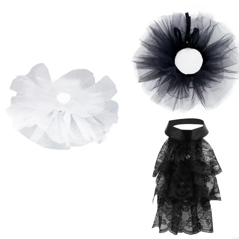 E56A Ruffled Mesh Collar Jabot Collar Halloween Dressingup Neckpiece Detachable Collar for Easter Festival Stage Performances
