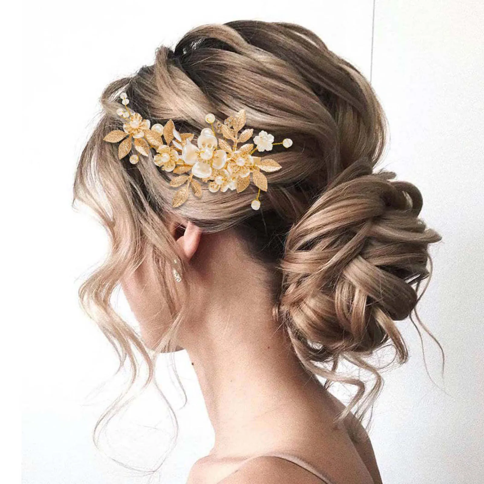 White Flower Hairpins Side Clips Gold Color Alloy Leaf Hairclips Pearls Headpieces Bride Wedding Party Hair Jewelry Accessories