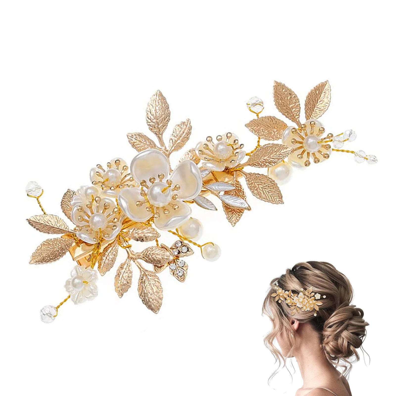 White Flower Hairpins Side Clips Gold Color Alloy Leaf Hairclips Pearls Headpieces Bride Wedding Party Hair Jewelry Accessories