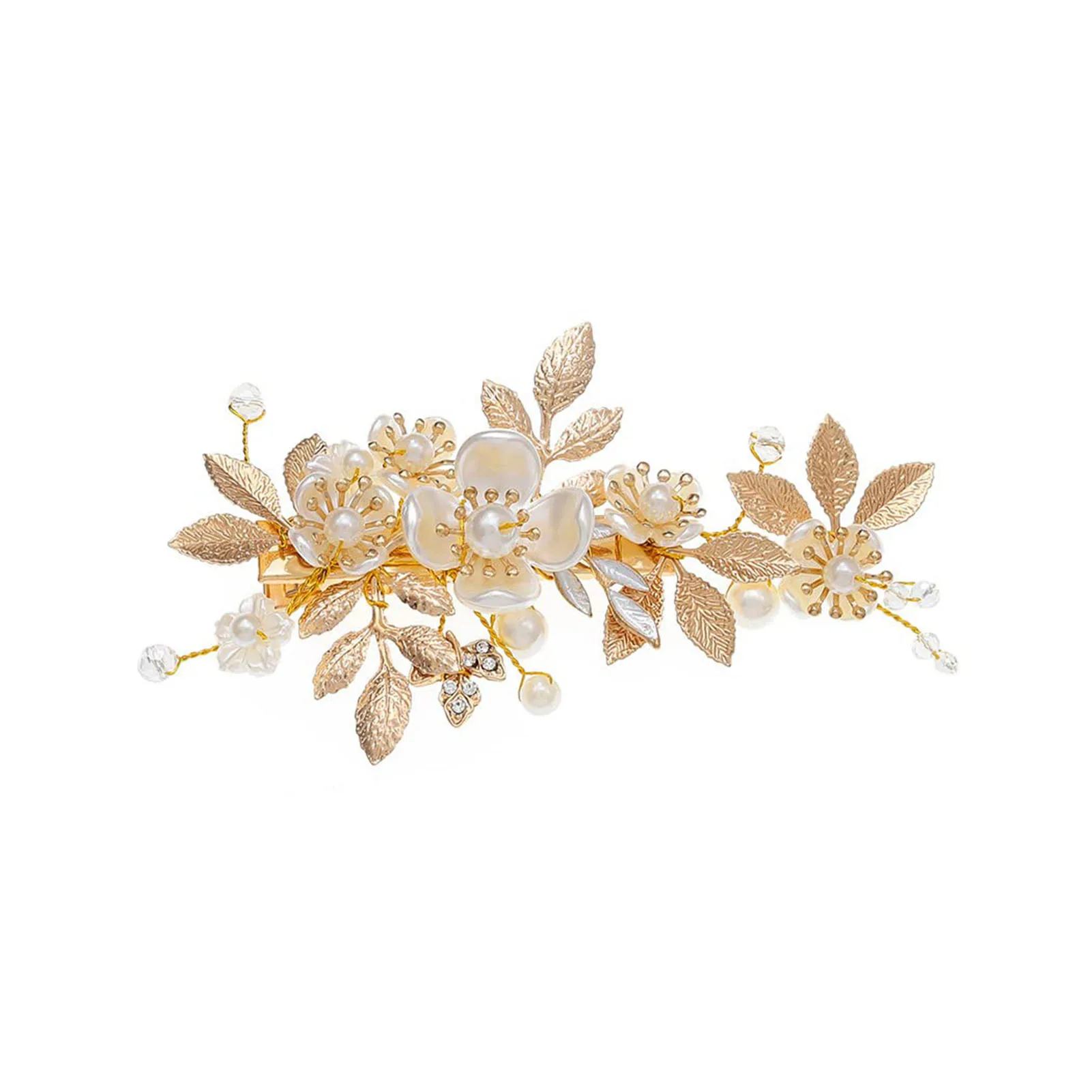 White Flower Hairpins Side Clips Gold Color Alloy Leaf Hairclips Pearls Headpieces Bride Wedding Party Hair Jewelry Accessories