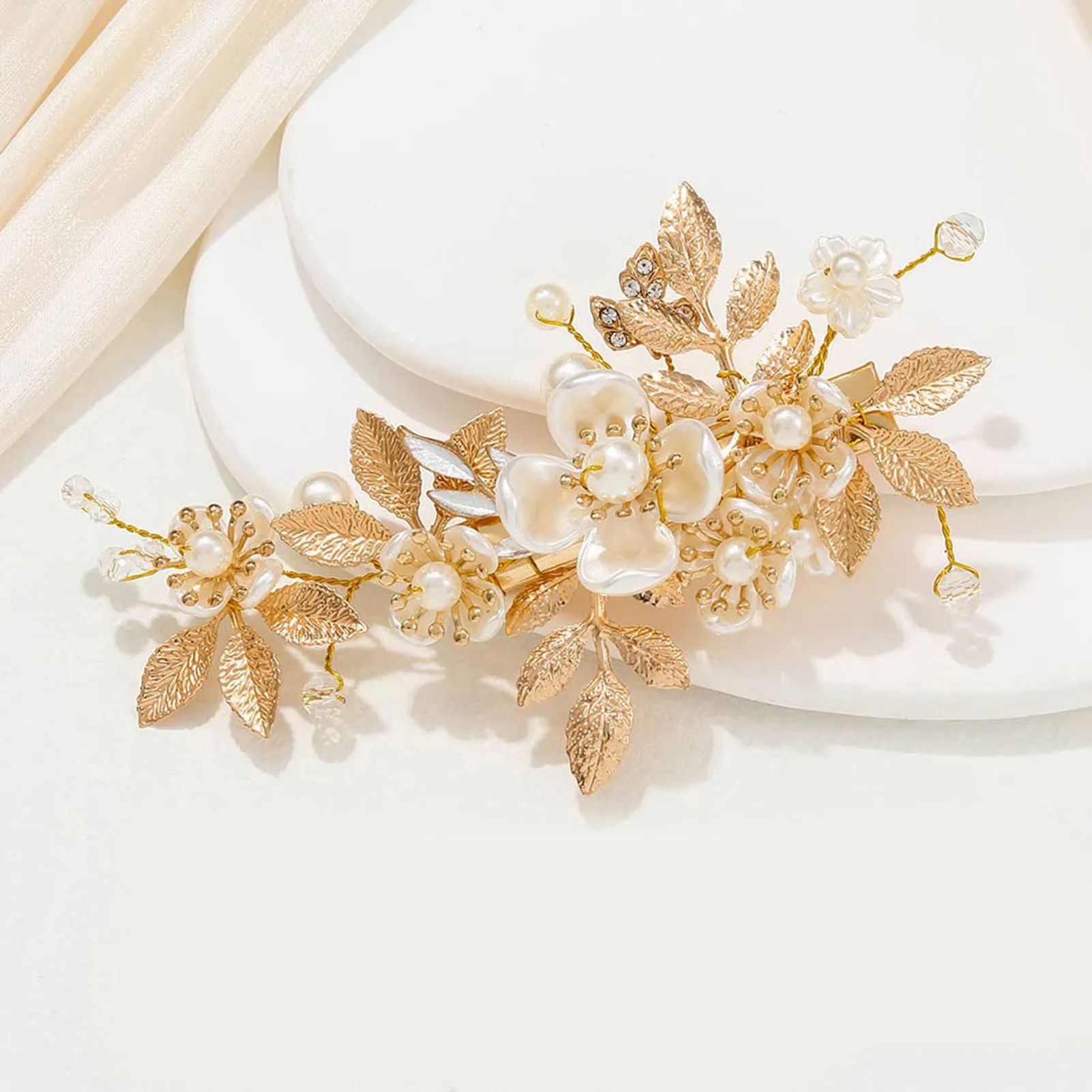 White Flower Hairpins Side Clips Gold Color Alloy Leaf Hairclips Pearls Headpieces Bride Wedding Party Hair Jewelry Accessories