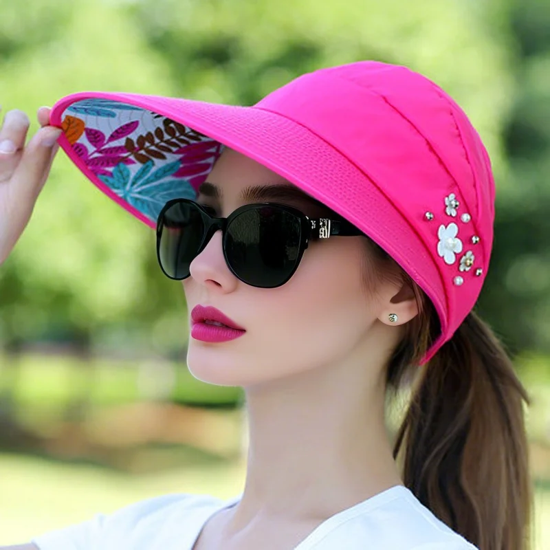 M-2 Sun Hat Summer Shade HHT For Women Foldable Sun Protection Beach Large Brimmed Hat UV Protection Cycling Empty Top