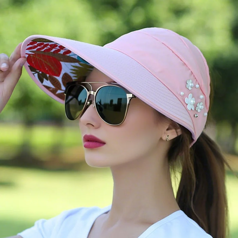 M-2 Sun Hat Summer Shade HHT For Women Foldable Sun Protection Beach Large Brimmed Hat UV Protection Cycling Empty Top
