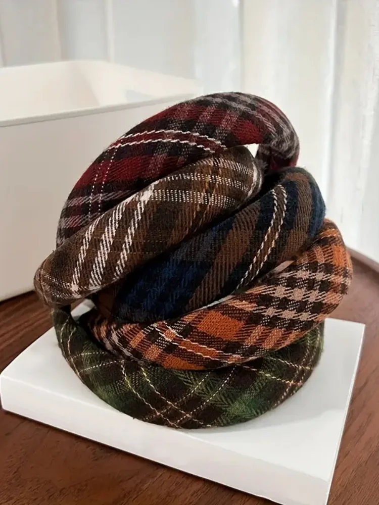 Retro Plaid Sponge Headband for Women Elegant Wash Face Hair Band When Going Out Fashion Girls Hair Accessories