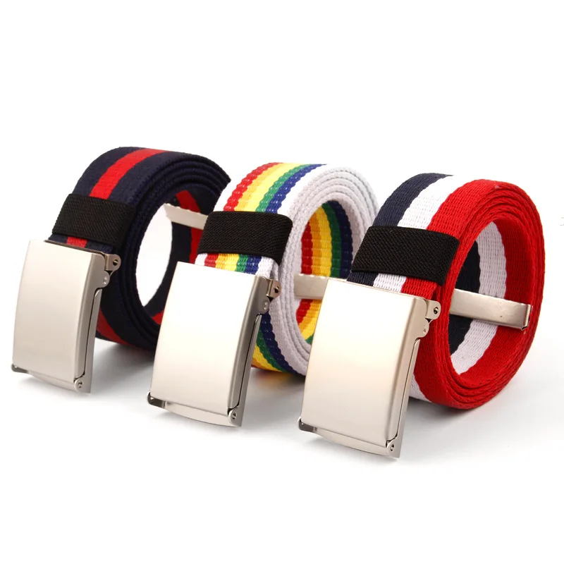 Fashion Canvas Belts Men Women Waist Belt Metal Buckle Belt Top Quality Unisex Rainbow Waistband Jeans Accessories 100-140cm