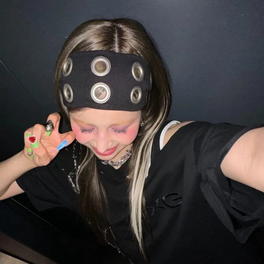 Y2K Girl Hollowed Out Wide Elastic Headband With Eyelets Punk Headwrap Rock Grunge Stretchy Headbands for Women Hair Accessories