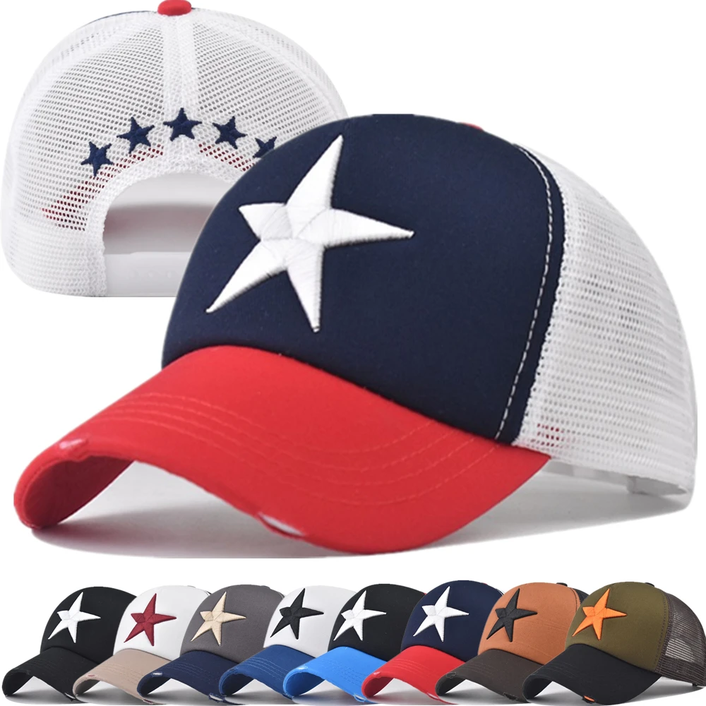 Hot Sale Unisex Adjustable Mesh Cap Casual Plain Embroidery Five-Star Cotton Baseball Cap Summer Trucker Hat for Women And Men