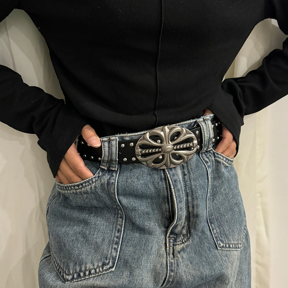 Unisex Jeans Belt Female Punk Gothic Wide Belts For Women Luxury Brands Hollow Cross Hearts Men's belt Male Rivet Waistband