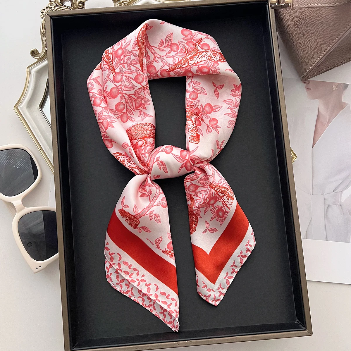 Imitation Silk Red Print Square Scarf For Women, Bandana Spring/Summer Luxury Scarf,Hair Head Band For Dressing Up Your Look
