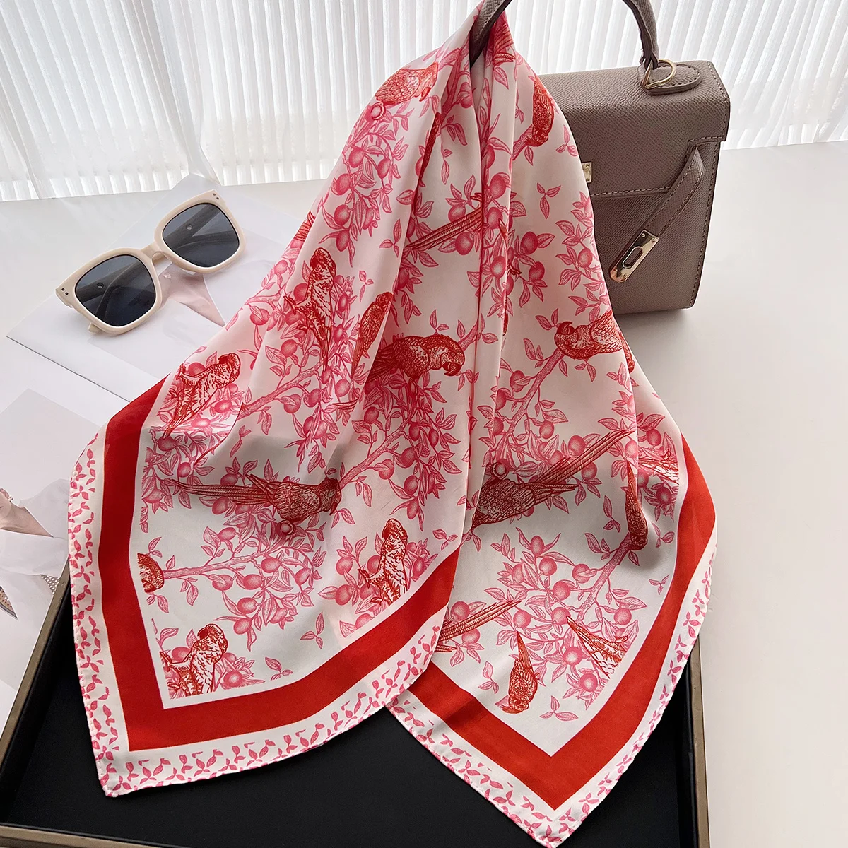 Imitation Silk Red Print Square Scarf For Women, Bandana Spring/Summer Luxury Scarf,Hair Head Band For Dressing Up Your Look