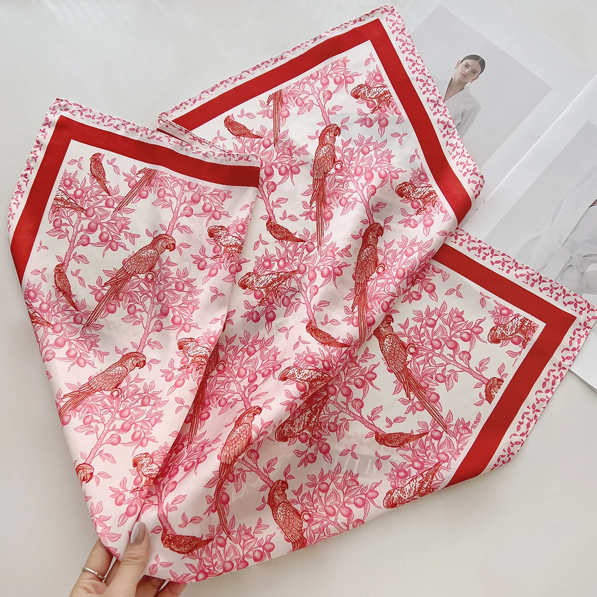 Imitation Silk Red Print Square Scarf For Women, Bandana Spring/Summer Luxury Scarf,Hair Head Band For Dressing Up Your Look