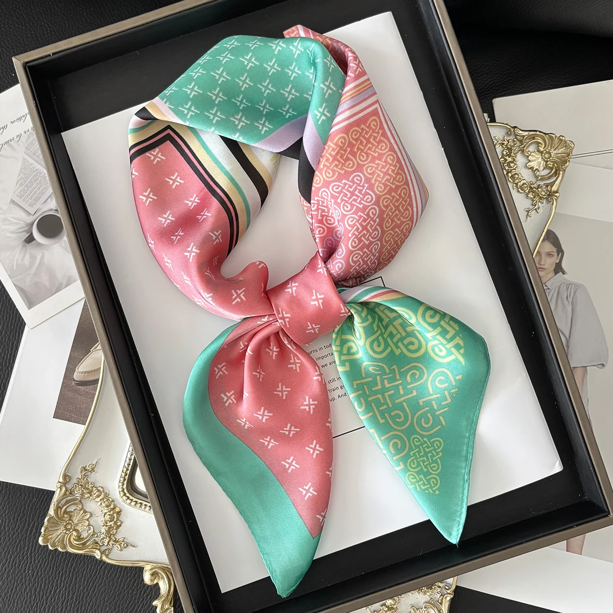 Imitation Silk Red Print Square Scarf For Women, Bandana Spring/Summer Luxury Scarf,Hair Head Band For Dressing Up Your Look