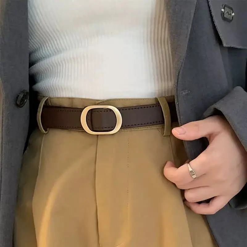 Korean retro metal buckle belt for women; ins jeans with no holes; versatile and simple belt for students; popular trend.