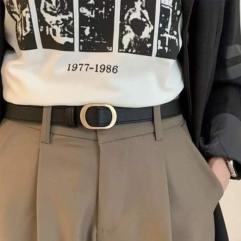 Korean retro metal buckle belt for women; ins jeans with no holes; versatile and simple belt for students; popular trend.