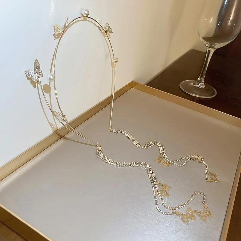 New pearl diamond butterfly fringe headband design sense hand-made alloy headband Sensens superior sense headwear