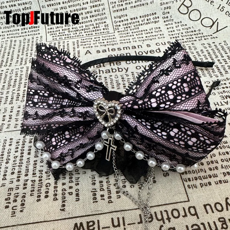 Heavy Industry Gothic Lolita Cosplay Black Pink Lolita Lovely Japanese Girl Harajuku Subculture Bow Lace Love Pearl Headband