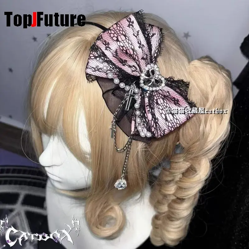 Heavy Industry Gothic Lolita Cosplay Black Pink Lolita Lovely Japanese Girl Harajuku Subculture Bow Lace Love Pearl Headband