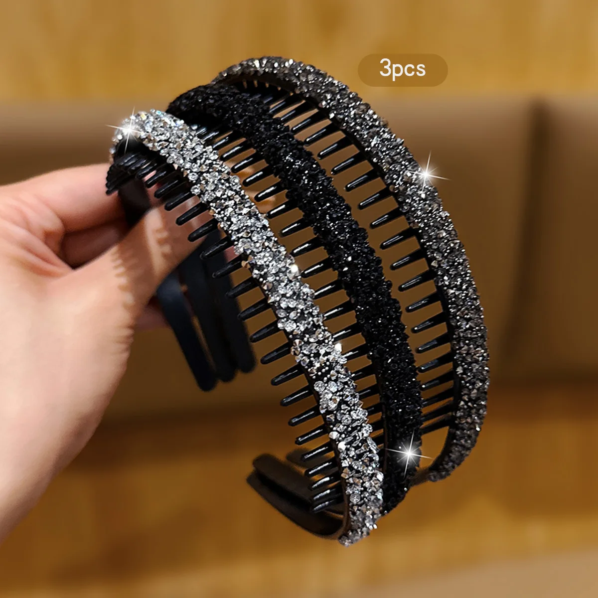 3 rhinestone Korean version with toothed anti slip headband, high-end hair accessory suitable for daily use