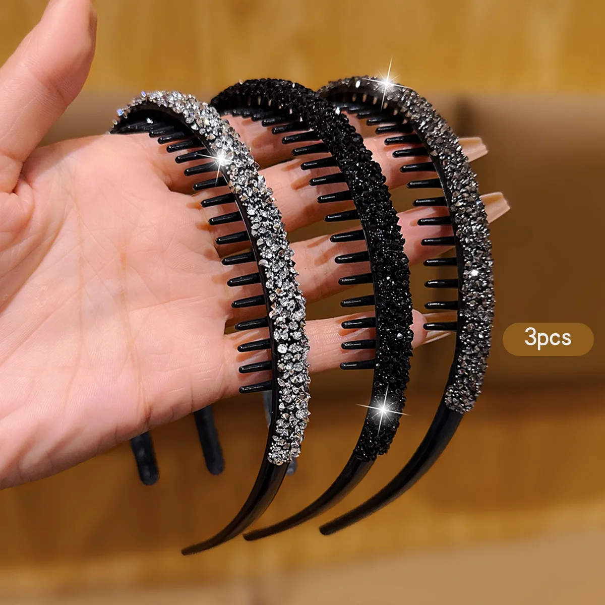 3 rhinestone Korean version with toothed anti slip headband, high-end hair accessory suitable for daily use