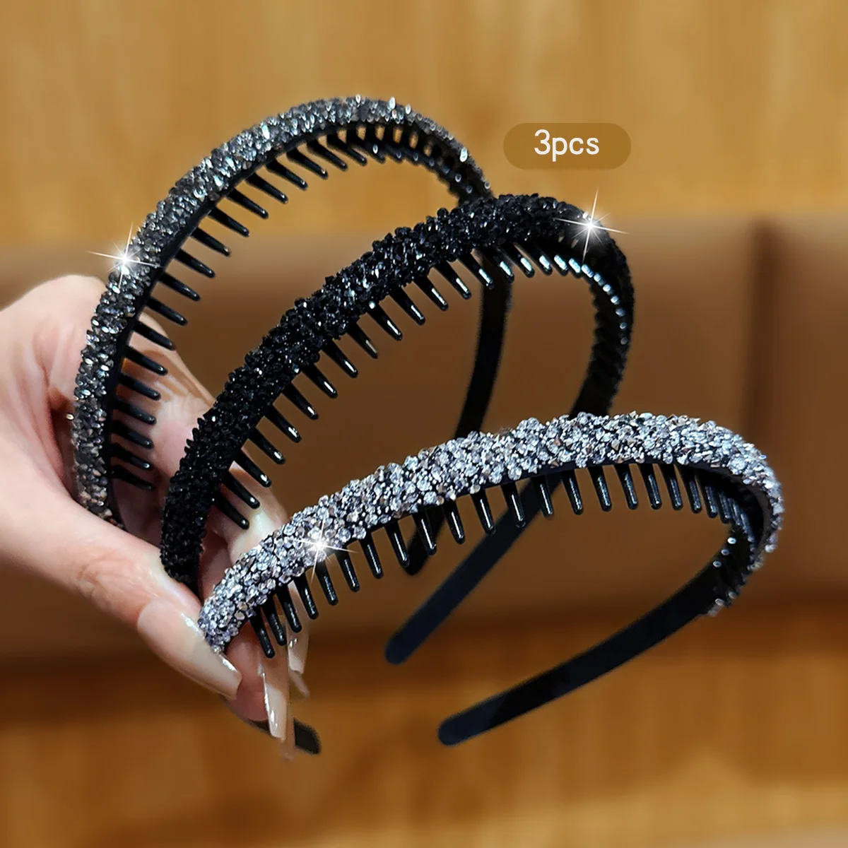 3 rhinestone Korean version with toothed anti slip headband, high-end hair accessory suitable for daily use