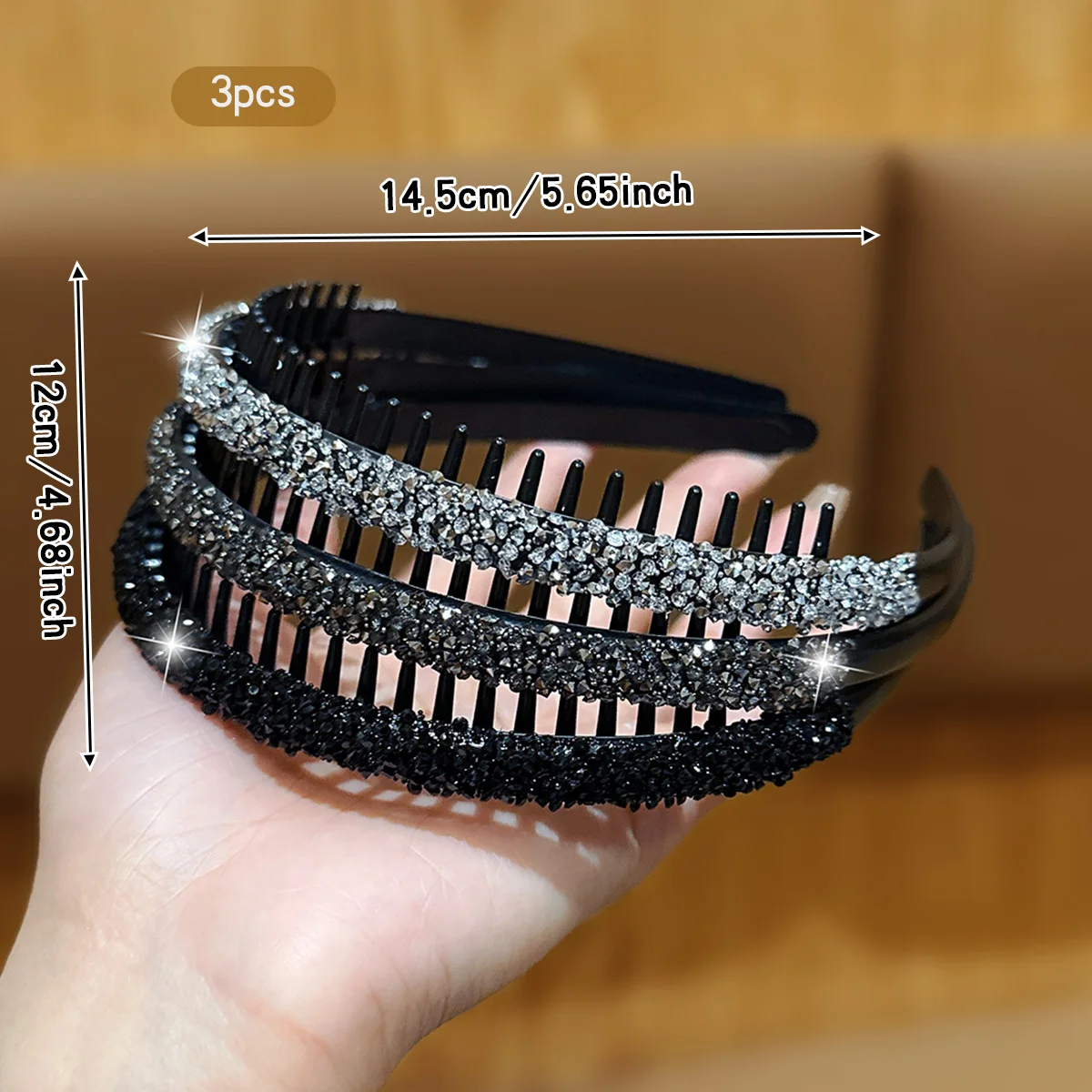 3 rhinestone Korean version with toothed anti slip headband, high-end hair accessory suitable for daily use