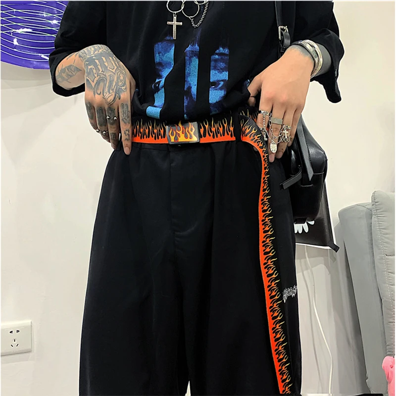 Hip Hop StreetFashion Men's Canvas Belt Male Personalized Casual Flame Belt Designer Belts For Women Cowboy Strap Punk Waistband