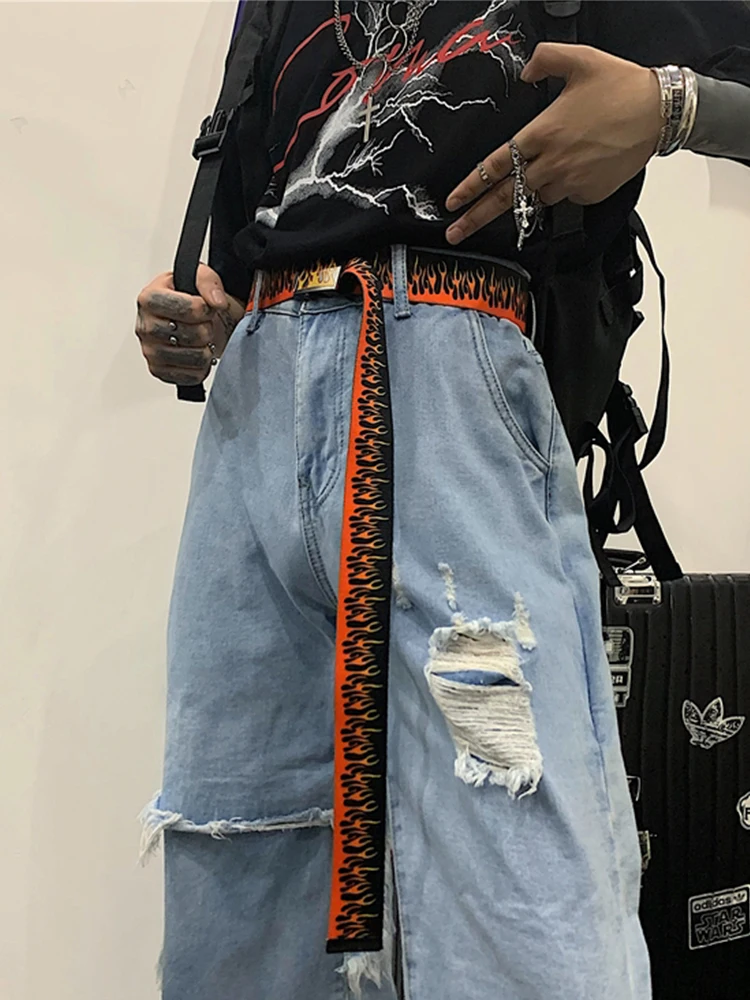 Hip Hop StreetFashion Men's Canvas Belt Male Personalized Casual Flame Belt Designer Belts For Women Cowboy Strap Punk Waistband