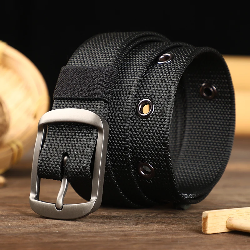 New multi-hole canvas belt for men with a button fastener, versatile denim belt for students and young people, Korean version, e