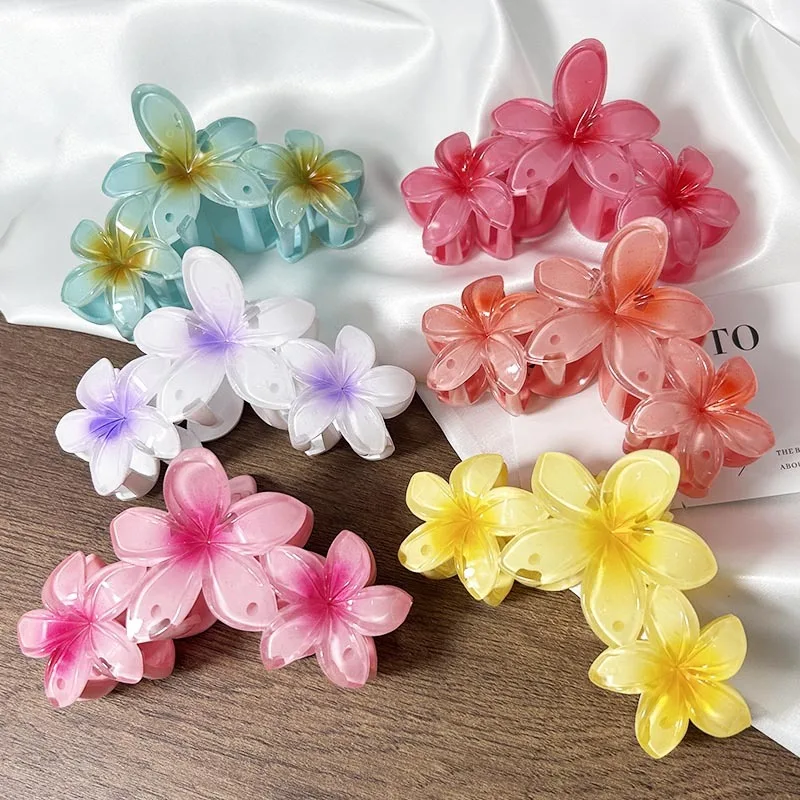 Sweet Colorful Gradient Flower Shark Clip Elegant Large Hair Claws For Women Hair Clips Beach Vacation Hair Accessories Headwear