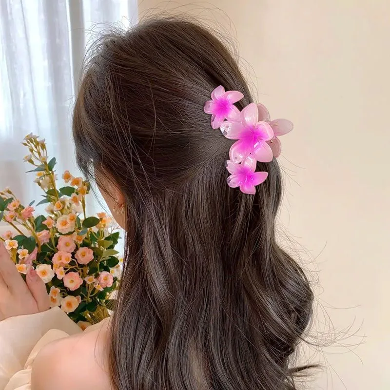 Sweet Colorful Gradient Flower Shark Clip Elegant Large Hair Claws For Women Hair Clips Beach Vacation Hair Accessories Headwear
