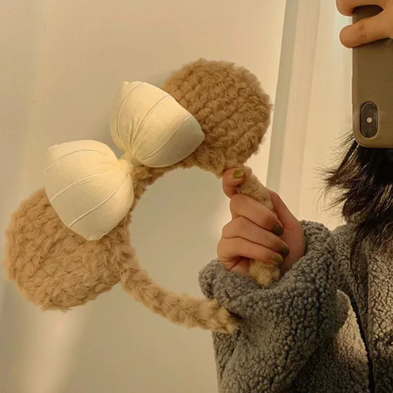 1pc Bow shaped teddy bear ear headband, women's autumn and winter plush cute cartoon face wash headband, hair clip