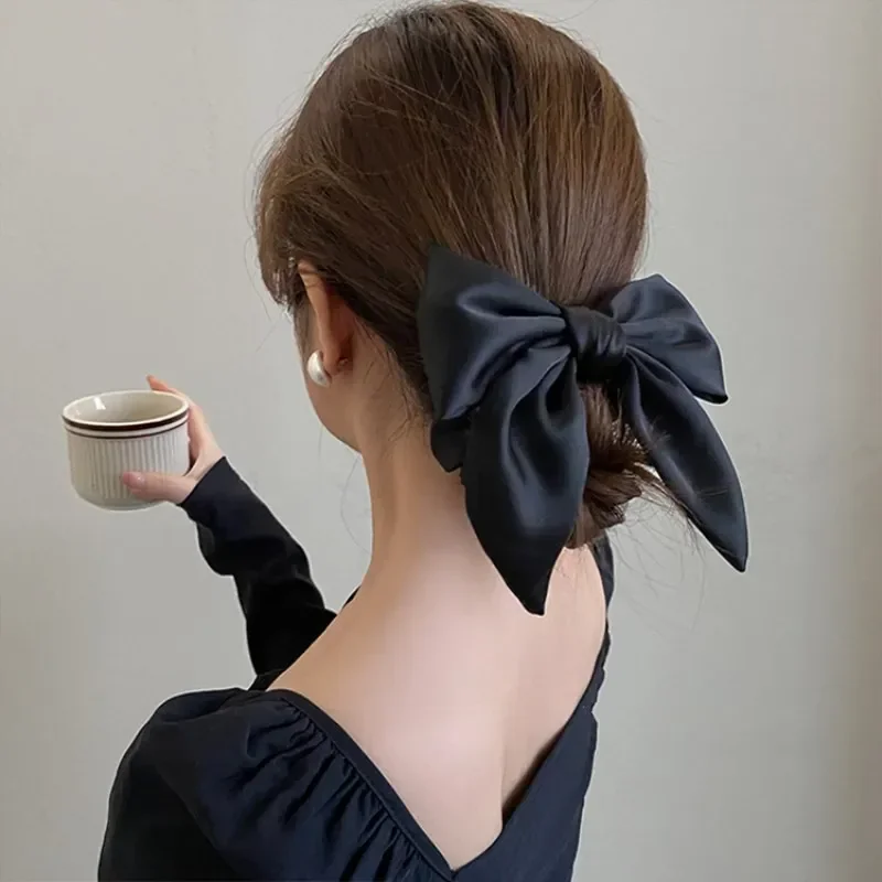 Elegant High-End Black Satin Bow Hair Accessories for Women- Perfect for Chic Ponytail and Sweet Hairdos
