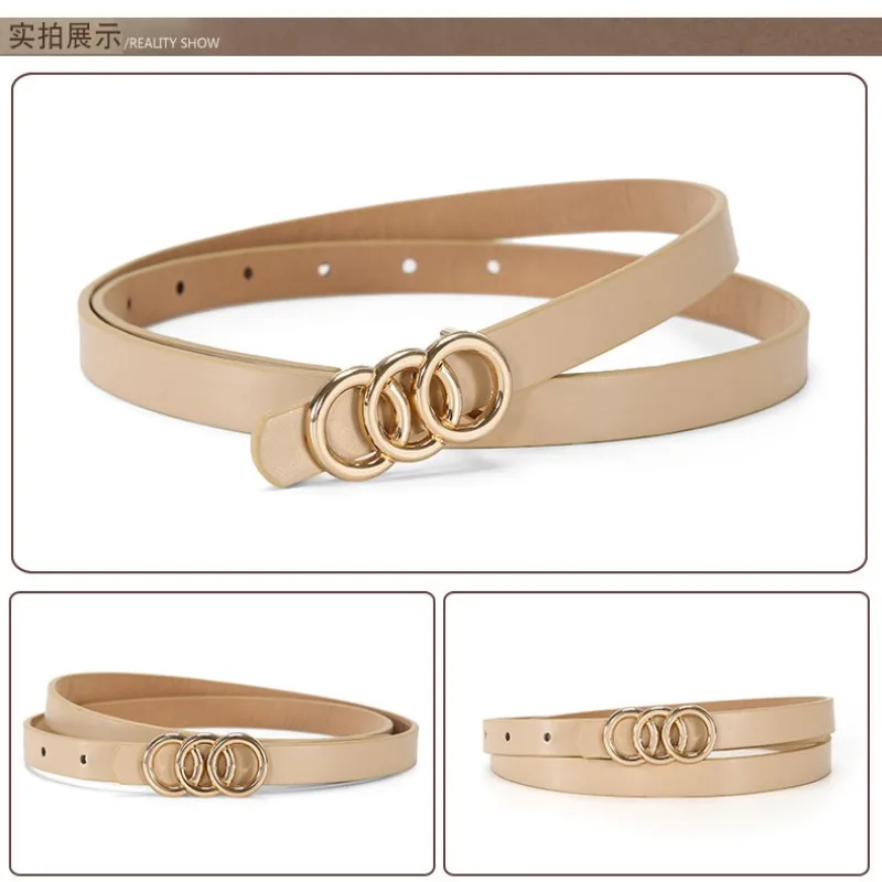 A Set of Thin Waist Belts with Golden Three-loop Buckles. It's a Versatile Style Suitable for Spring and Summer, and Can Be Pair
