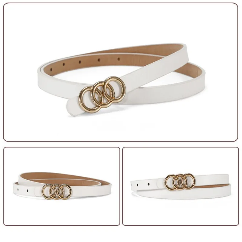 A Set of Thin Waist Belts with Golden Three-loop Buckles. It's a Versatile Style Suitable for Spring and Summer, and Can Be Pair