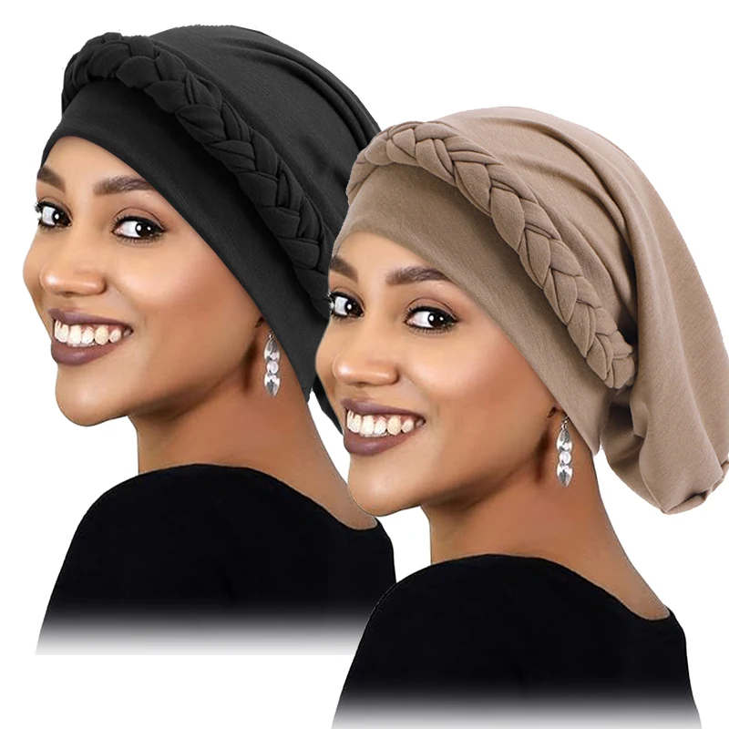 2PCS/LOT Twists Braid Islamic Hats Wraps Hijab Caps Lady Women Arab Muslim Cap Hijab Turban Headwear Hair Loss Hat Beanies