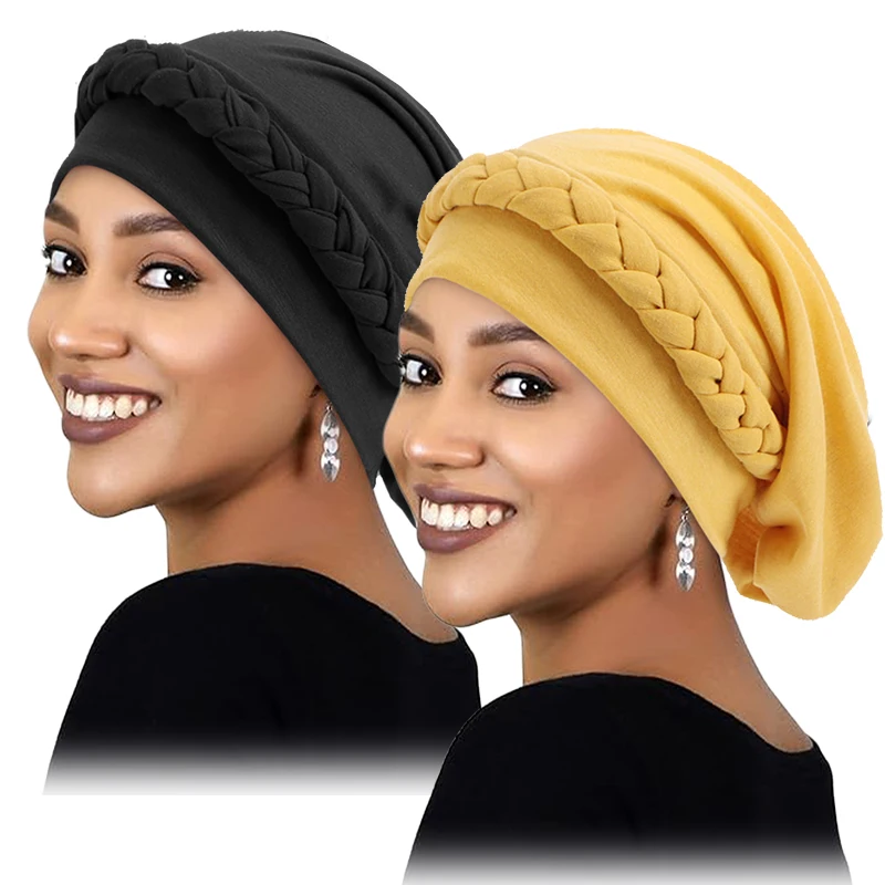 2PCS/LOT Twists Braid Islamic Hats Wraps Hijab Caps Lady Women Arab Muslim Cap Hijab Turban Headwear Hair Loss Hat Beanies