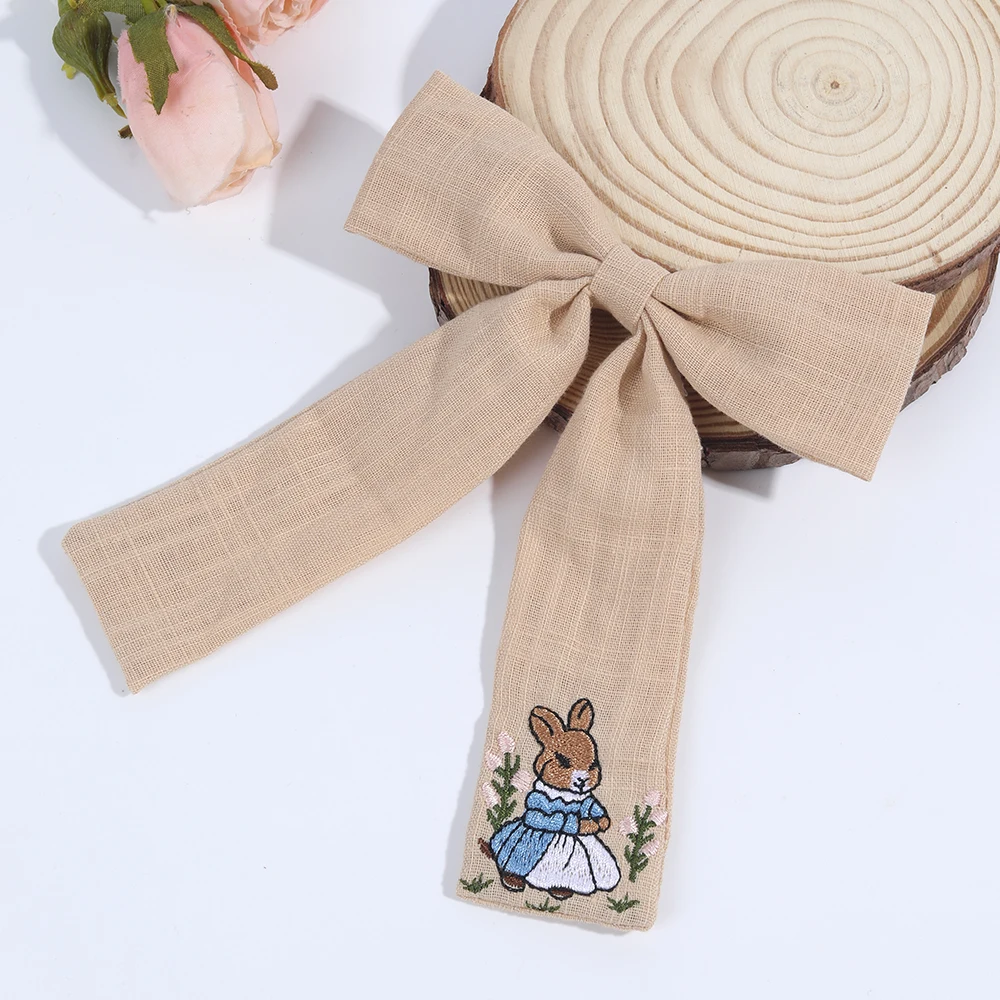 Sweet Girls Embroidered Bunny Bow Hair Clip Women's Fashionable Ribbon Hairpin Chinese Headdress Accessory For Girls Kids