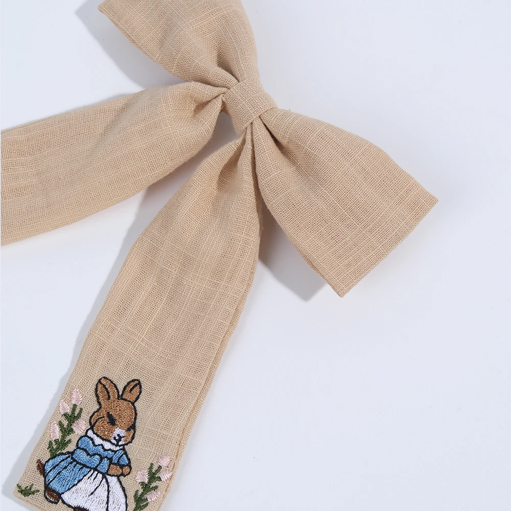 Sweet Girls Embroidered Bunny Bow Hair Clip Women's Fashionable Ribbon Hairpin Chinese Headdress Accessory For Girls Kids
