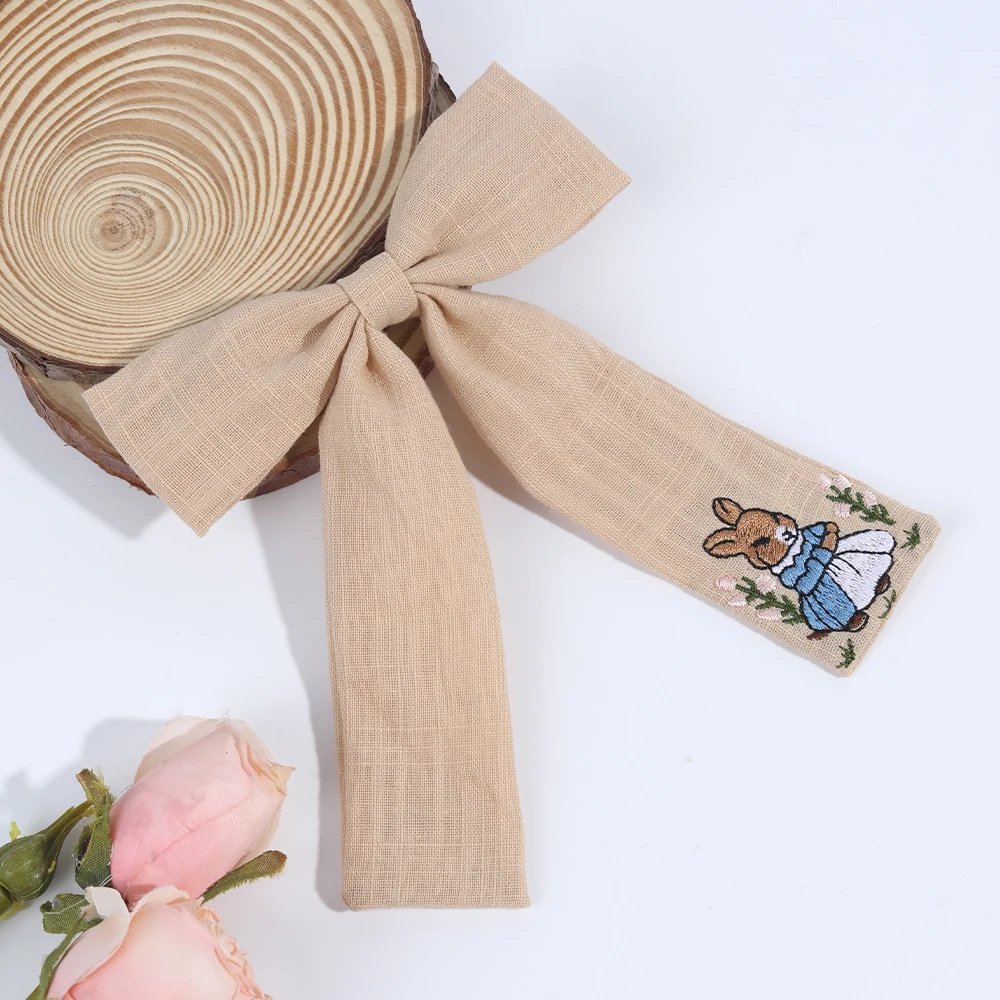 Sweet Girls Embroidered Bunny Bow Hair Clip Women's Fashionable Ribbon Hairpin Chinese Headdress Accessory For Girls Kids