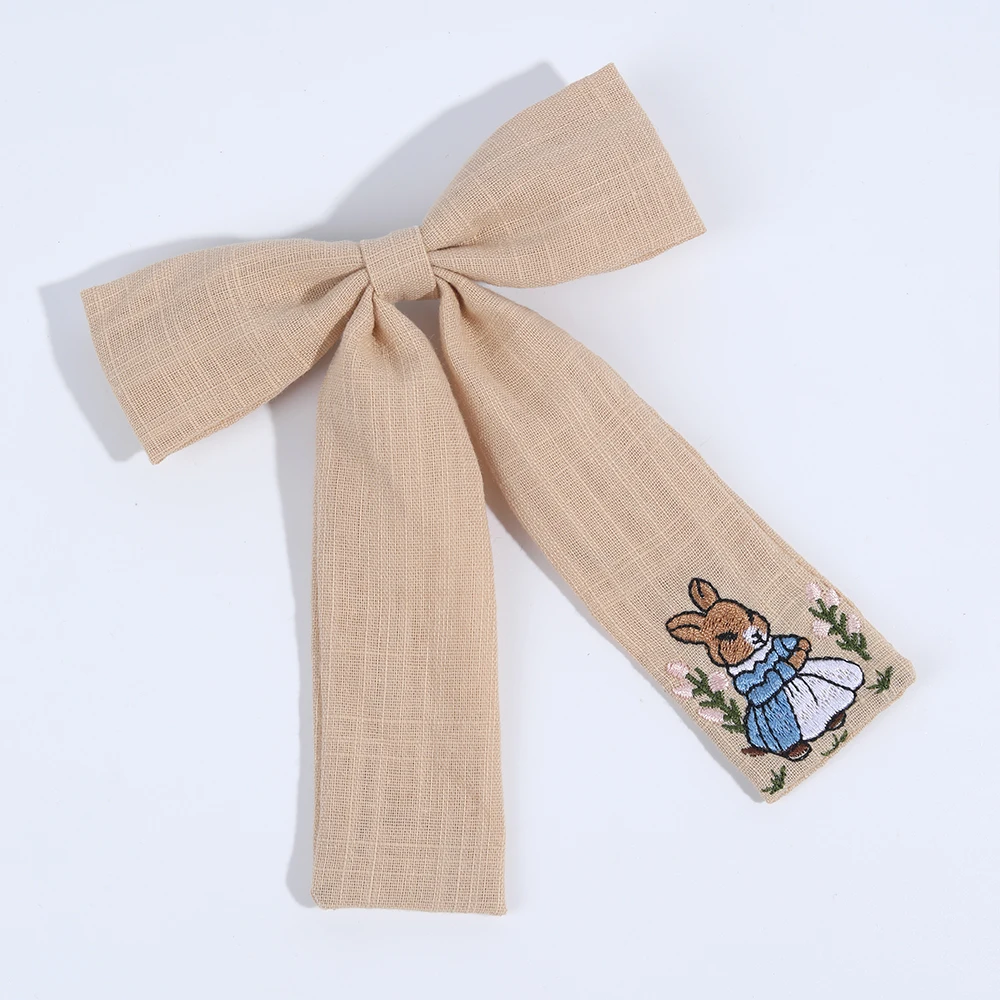 Sweet Girls Embroidered Bunny Bow Hair Clip Women's Fashionable Ribbon Hairpin Chinese Headdress Accessory For Girls Kids