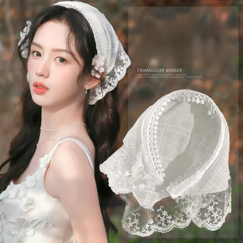 Retro Cute Triangle Turbans Hairband Women Strap Headscarf Lace French Pastoral Style Lolita Headband Headdress Accessories