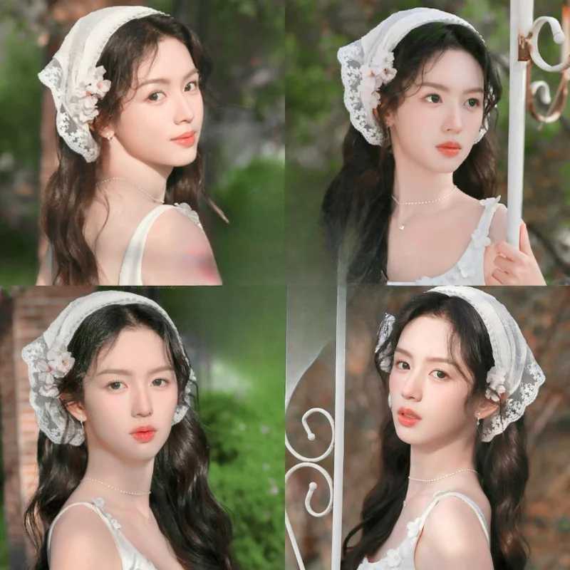 Retro Cute Triangle Turbans Hairband Women Strap Headscarf Lace French Pastoral Style Lolita Headband Headdress Accessories