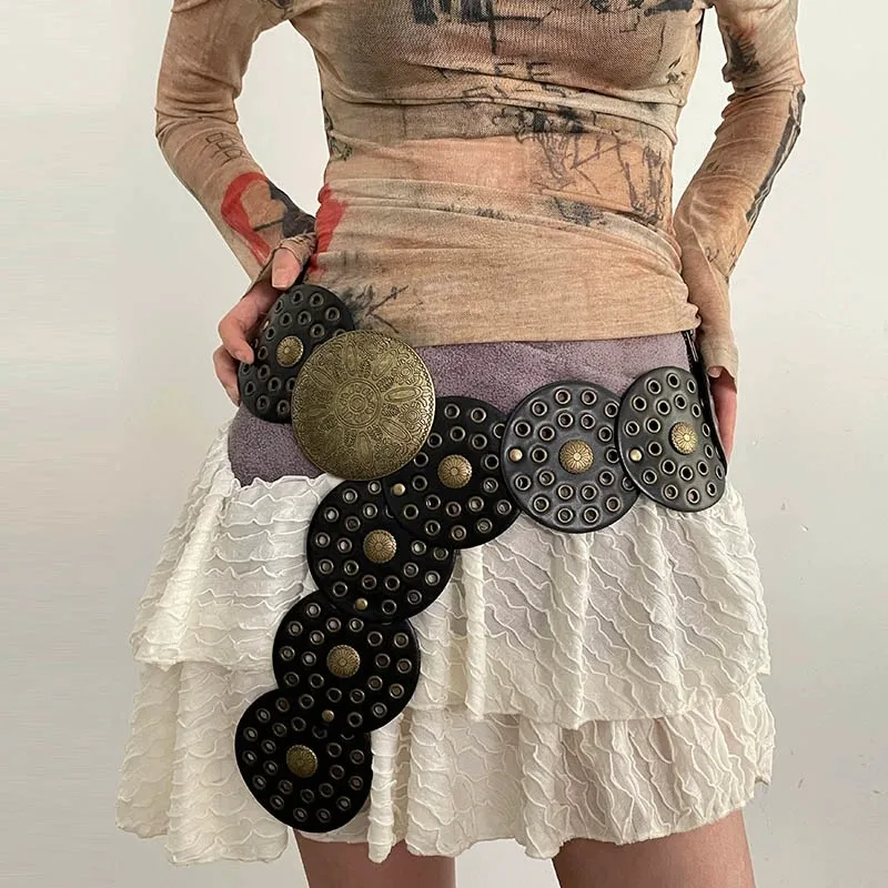 Spice Girl Y2K Harajuku Style Vintage Rivet Patchwork Design Wide Belts For Women High Street Faux Leather Waistband cinturones