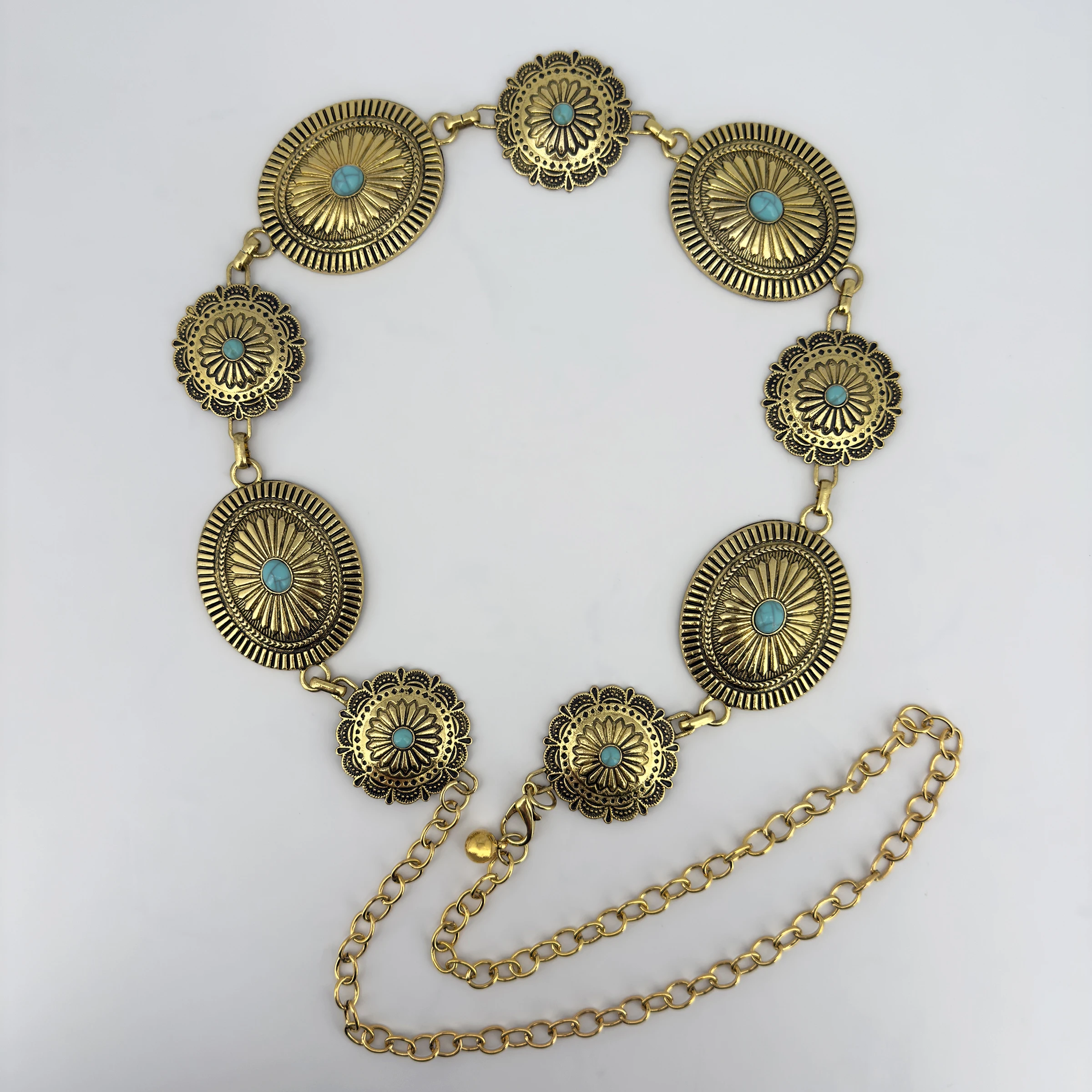 Green Turquoise Vintage Carved Women's Waist Chain Personalized Metal Belt Fashionable Versatile Accessory for Dresses