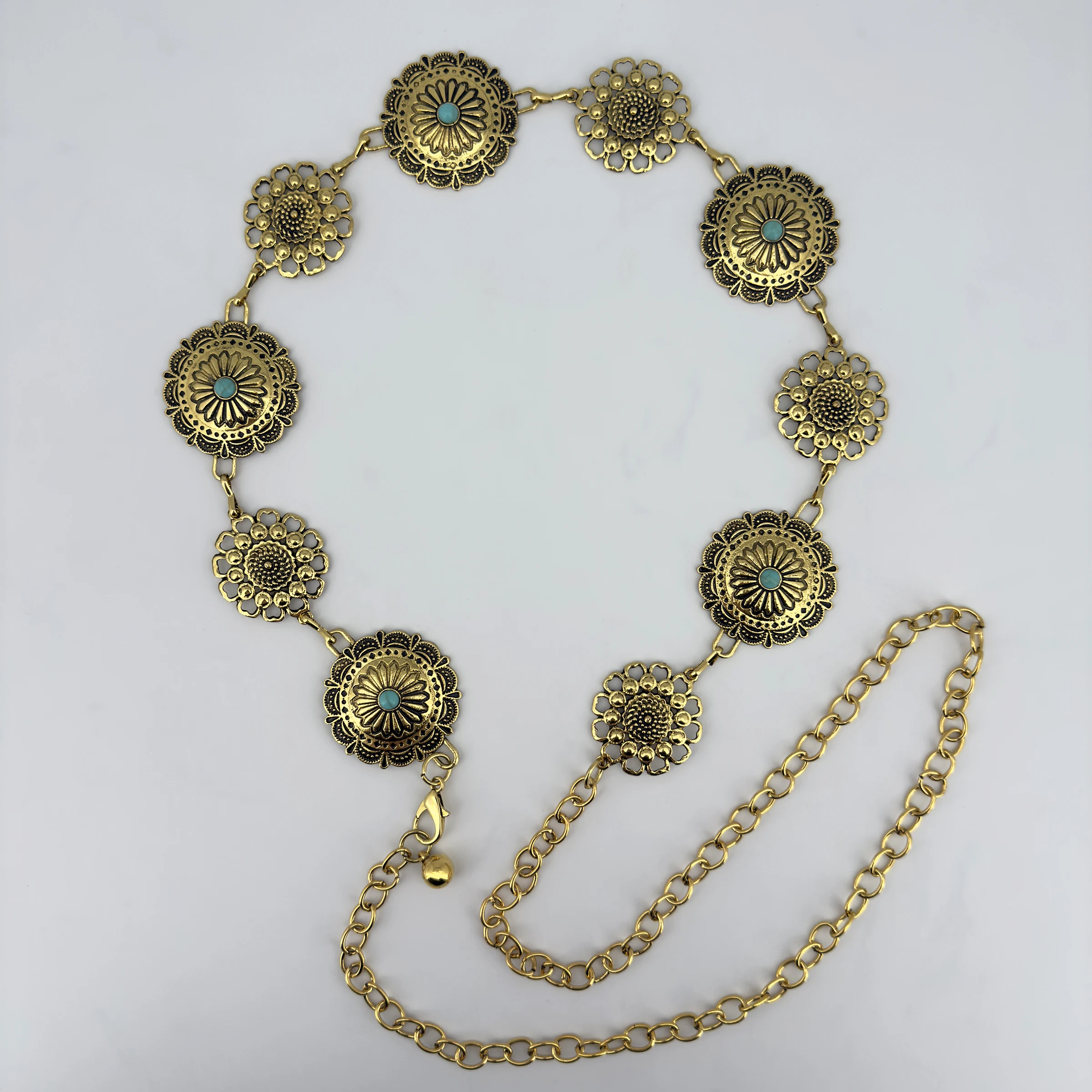 Green Turquoise Vintage Carved Women's Waist Chain Personalized Metal Belt Fashionable Versatile Accessory for Dresses