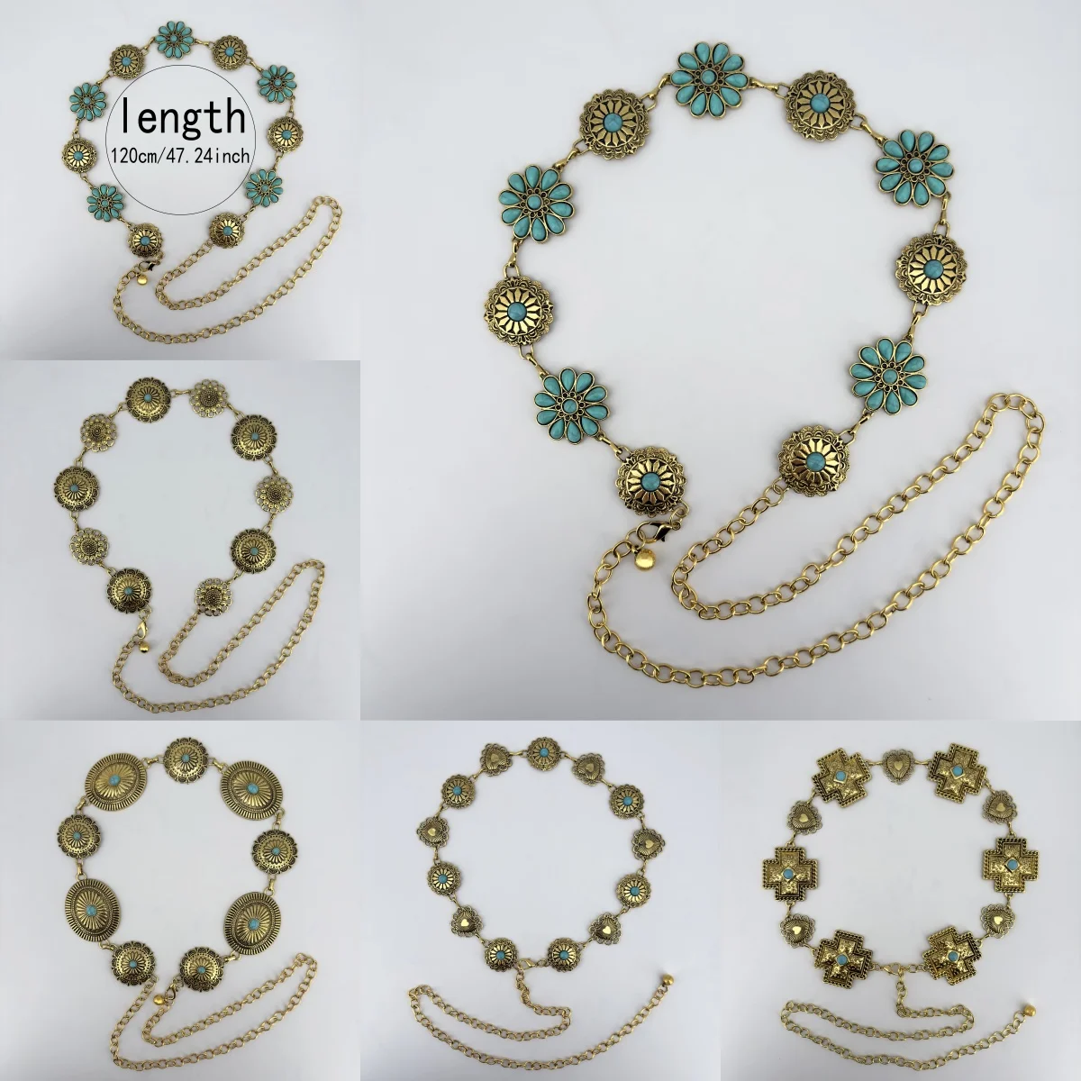 Green Turquoise Vintage Carved Women's Waist Chain Personalized Metal Belt Fashionable Versatile Accessory for Dresses